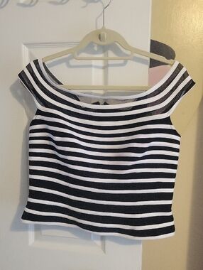 JS Collections Sz14 Black and White Striped Mesh Off or On-Shoulder Crop Top
